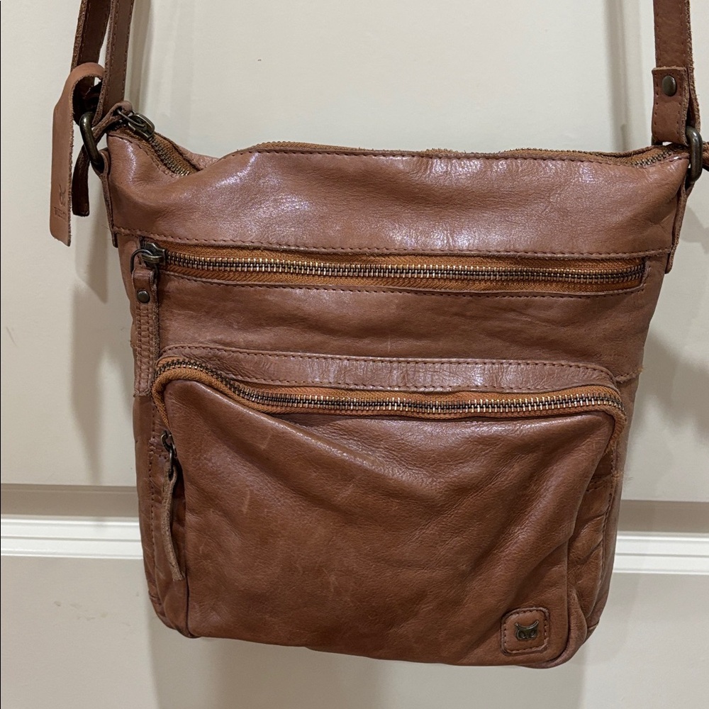 Wise Owl genuine leather tri-zip crossbody handbag in chestnut brown